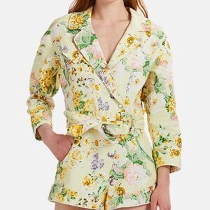 For Love & Lemons Chamomile Floral Denim Belted Long Sleeve Romper-D2